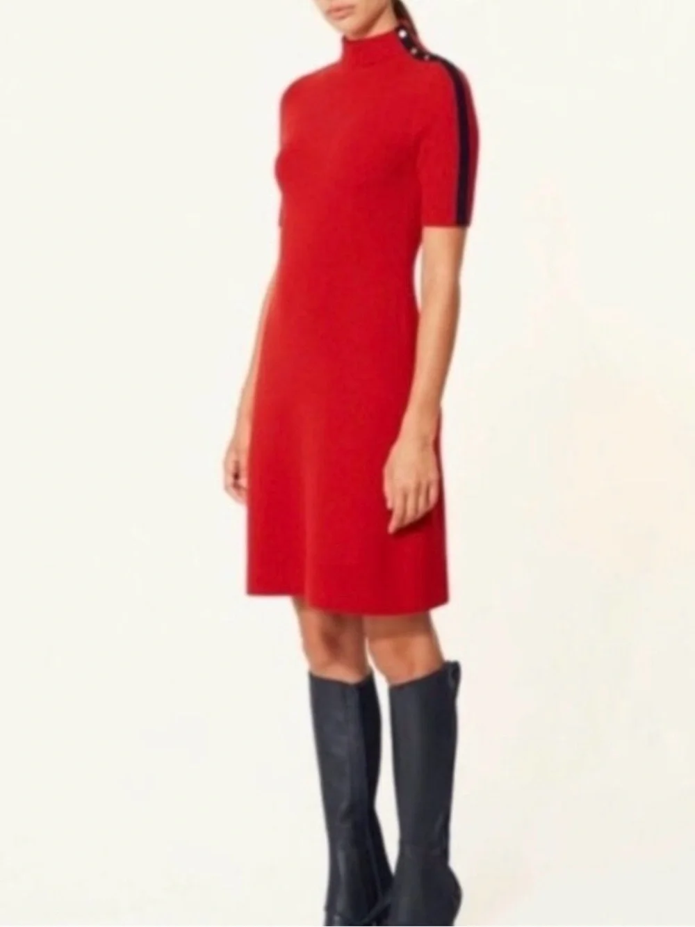 Tory Burch Sardy Merino Wool Sweater Dress Red Navy Gold Buttons L